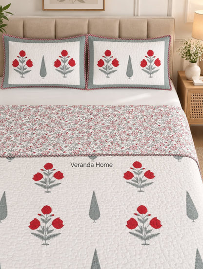 Red Poppy Reversible Block Printed Quilted Bedcover