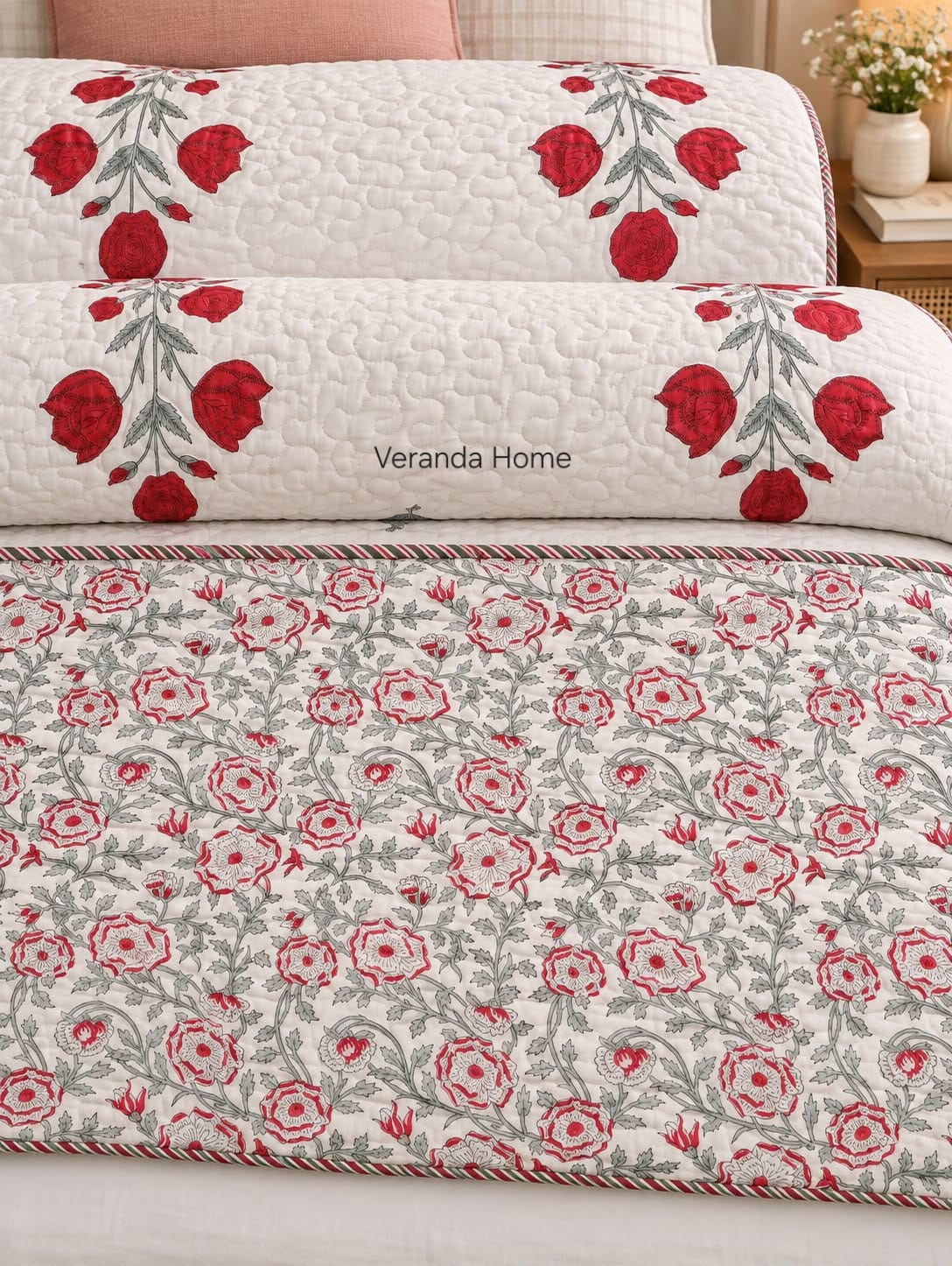 Red Poppy Reversible Block Printed Quilted Bedcover