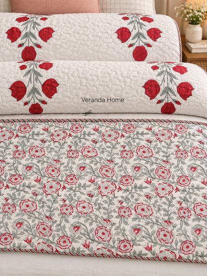 Red Poppy Reversible Block Printed Quilted Bedcover
