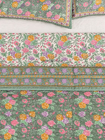 Sabz Gulshan Block Printed Reversible Bedcover