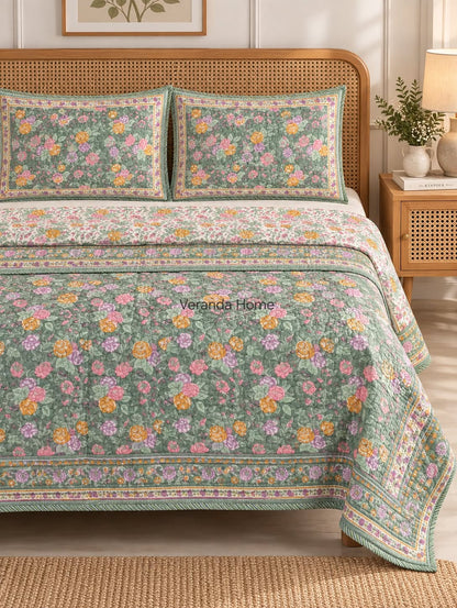 Sabz Gulshan Block Printed Reversible Bedcover
