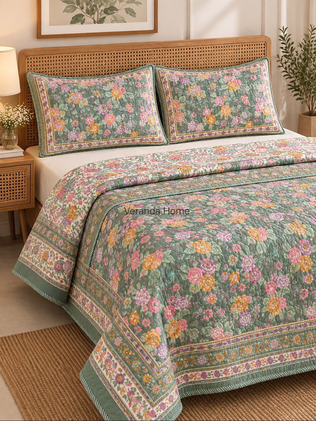 Sabz Gulshan Block Printed Reversible Bedcover