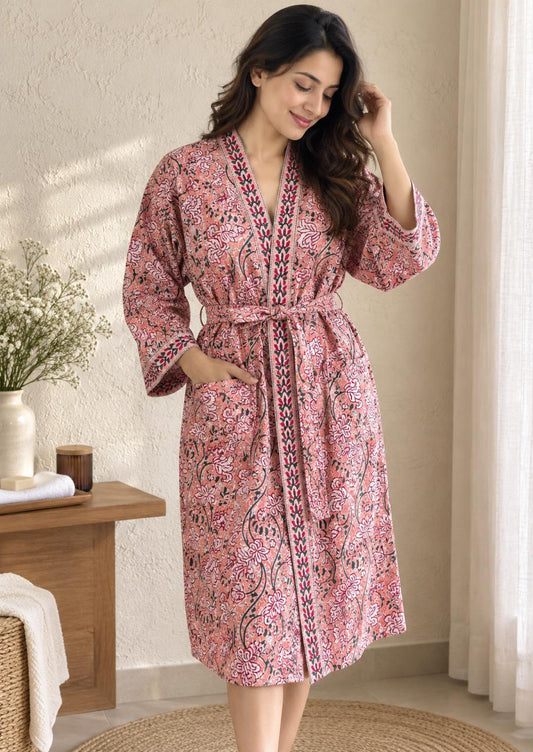 Dusty Pink Jaipuri Floral Kimono Bath Robe