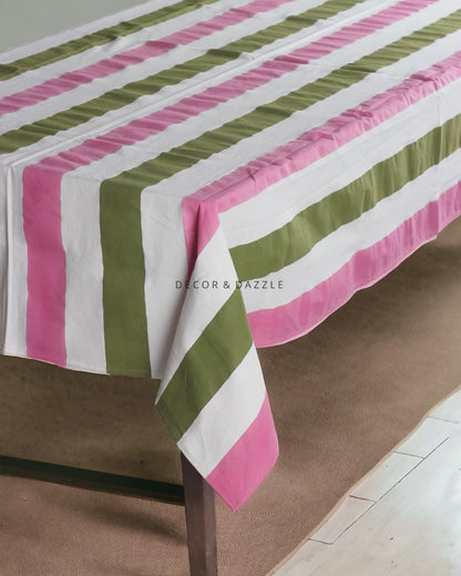 Green & Pink Stripe Block Print Table Cover (100TC)