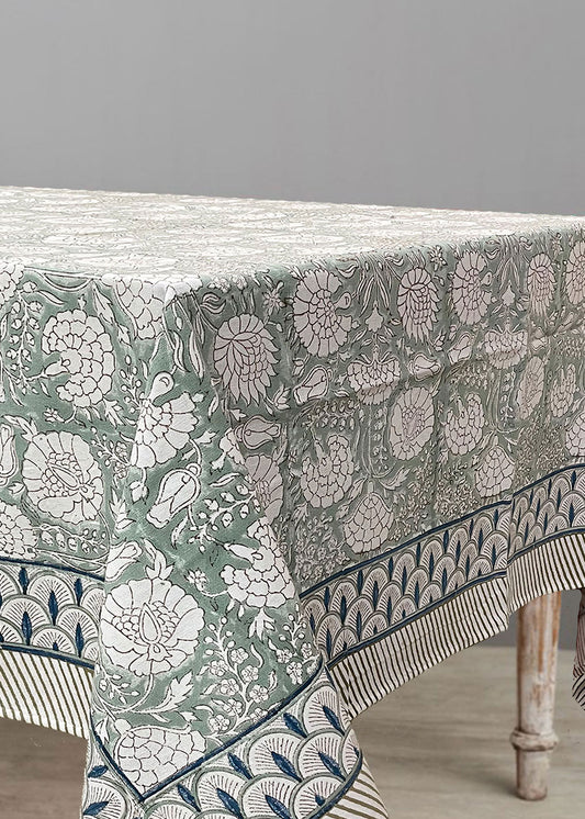 Green block print table cover